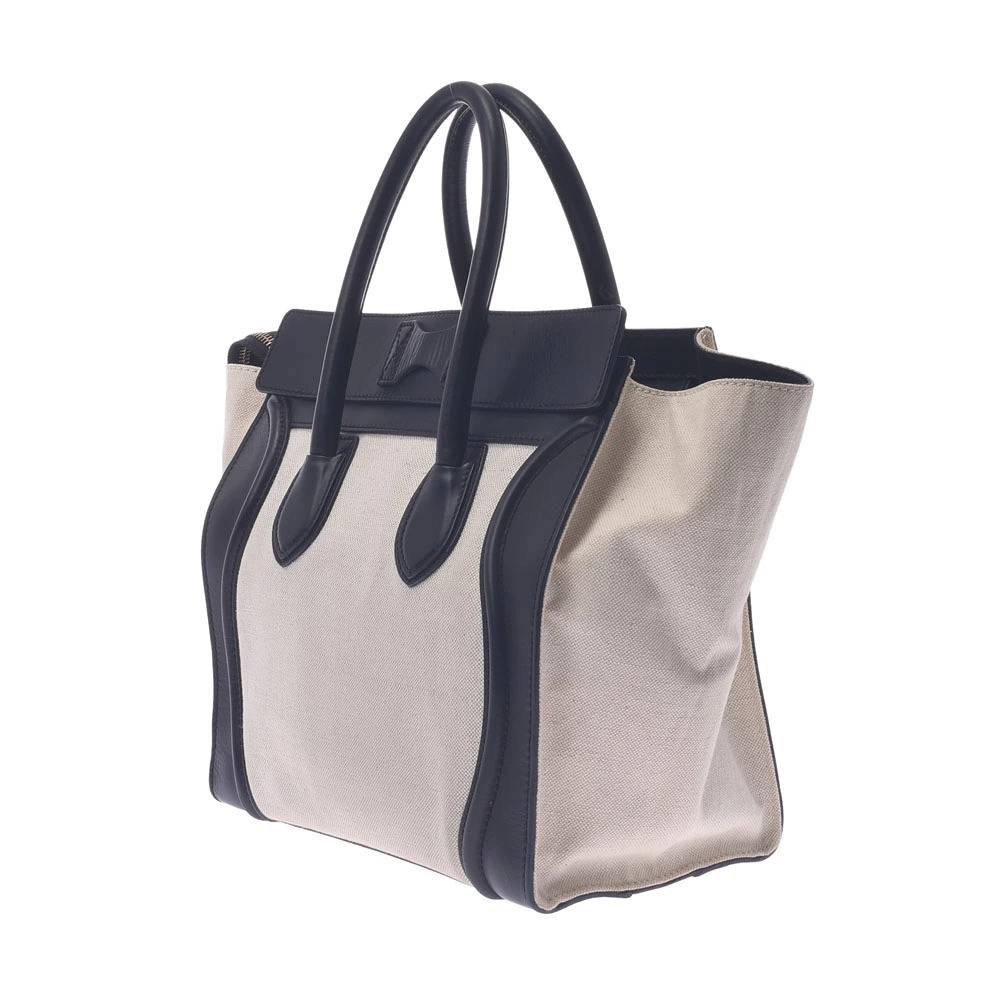 Celine Leather Luggage Handbag Canvas Beige Shopper Black Tan Black